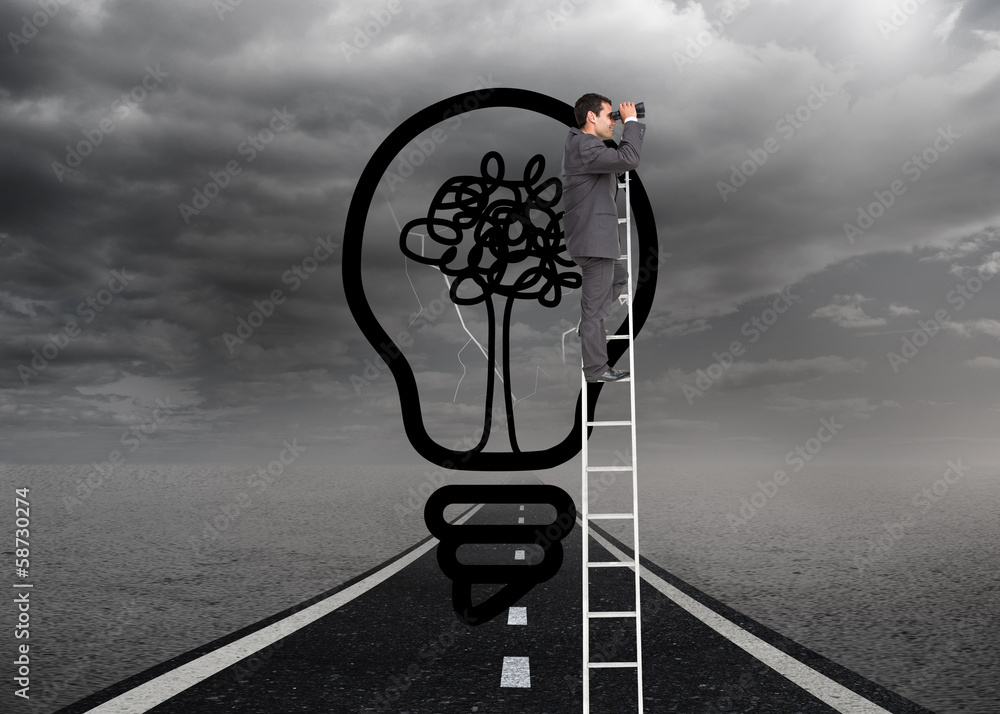 Poster Composite image of businessman standing on ladder using binocula