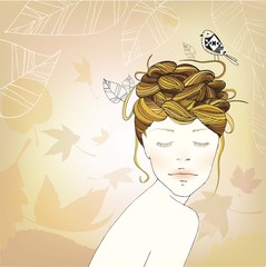 Autumn Girl's Nest Hair Illustration