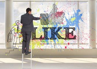 Composite image of businessman standing on ladder