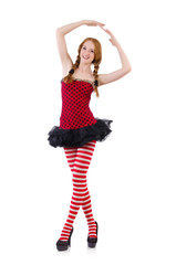 Redhead girl in red dress and stockings on white