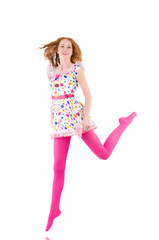 Young model with pink stockings on white