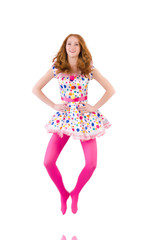 Young model with pink stockings on white