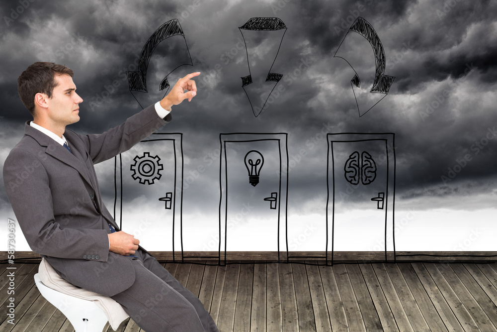 Poster composite image of businessman sitting and pointing the finger