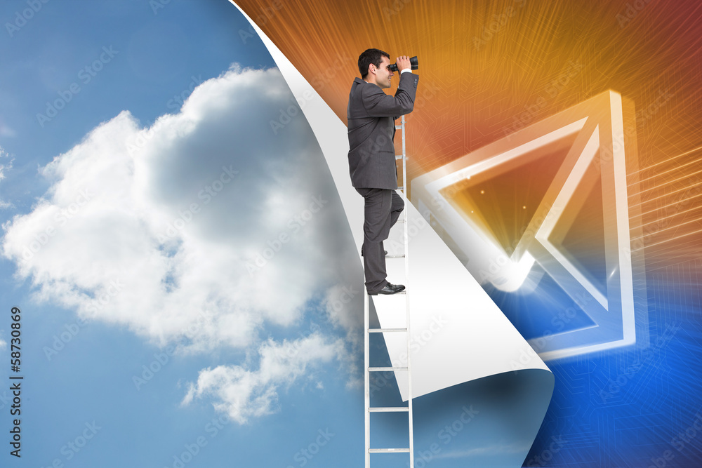 Poster Composite image of businessman standing on ladder using binocula