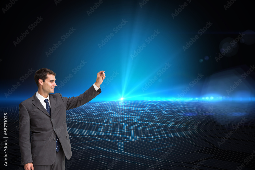 Poster composite image of smiling businessman holding something up in t