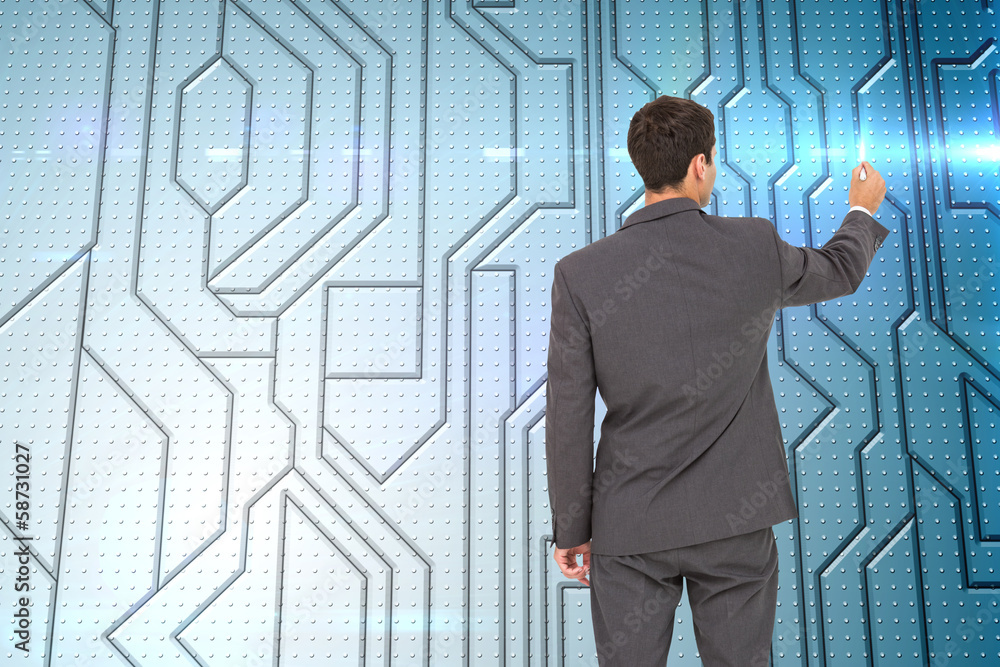 Poster composite image of businessman standing back to camera writing w