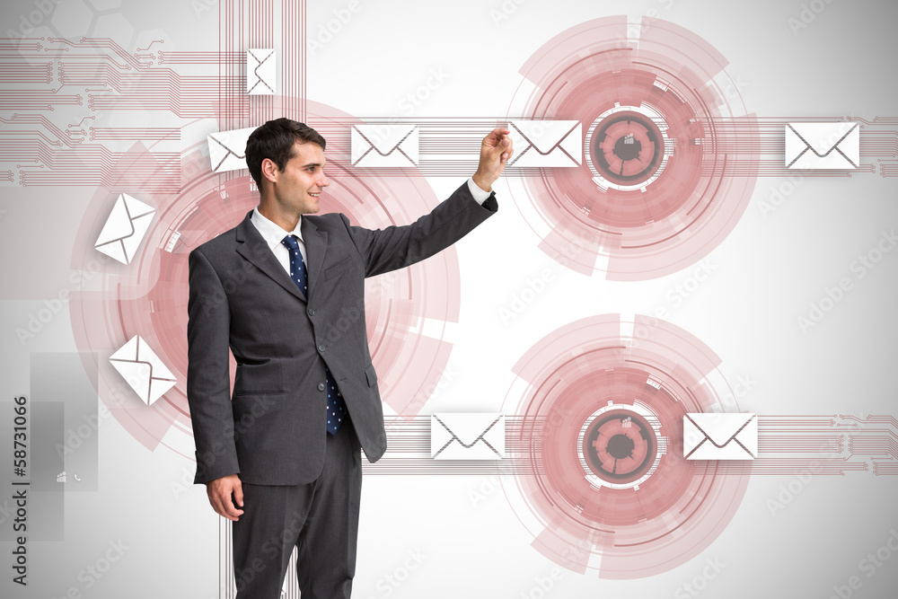 Poster Composite image of smiling businessman holding something up in t