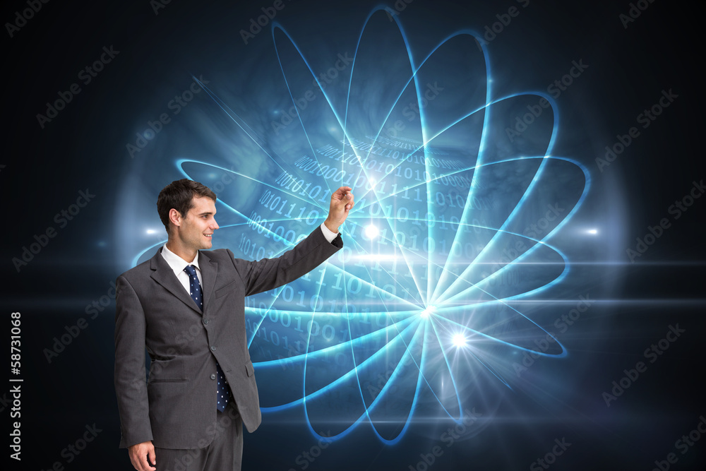 Poster Composite image of smiling businessman holding something up in t