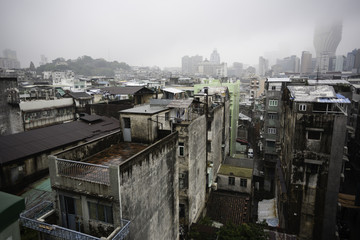Old apartment blocks Macau China on a rainy day