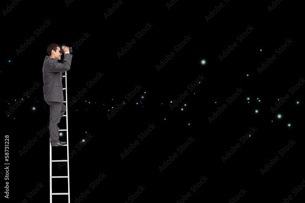 Poster composite image of businessman standing on ladder using binocula