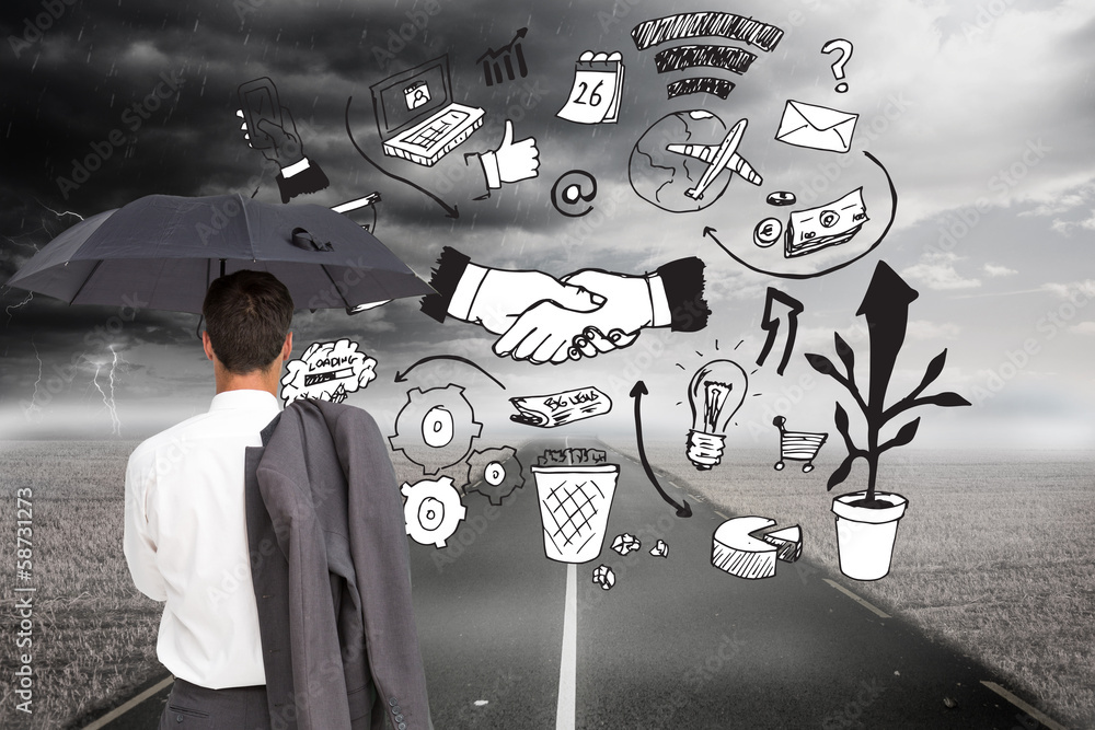 Poster composite image of businessman standing back to camera holding u