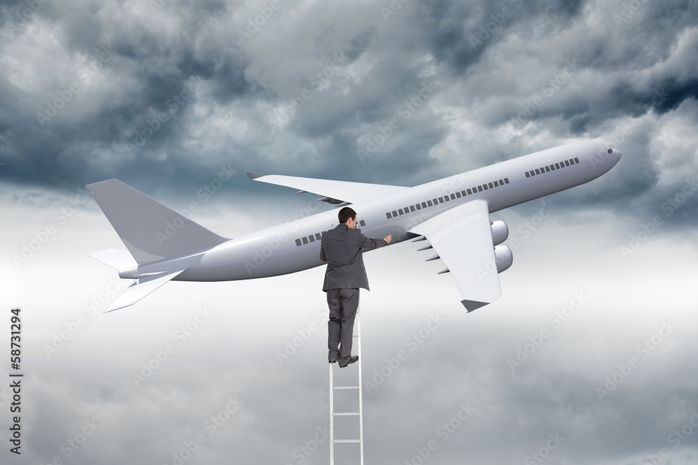 Poster composite image of businessman standing on ladder