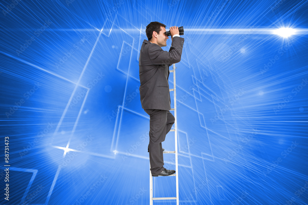 Poster composite image of businessman standing on ladder