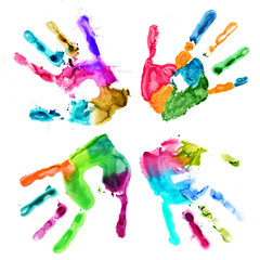 Handprints in different colors on a white