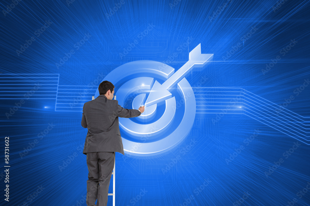 Poster composite image of businessman standing on ladder