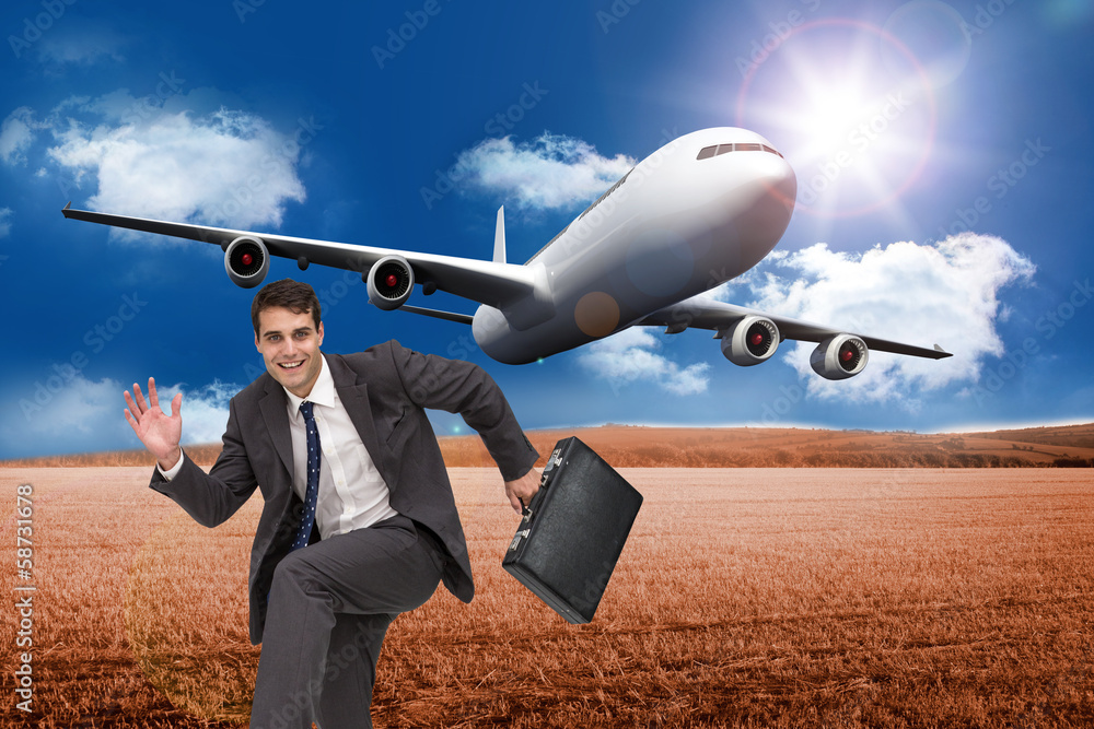 Poster composite image of happy businessman in a hury