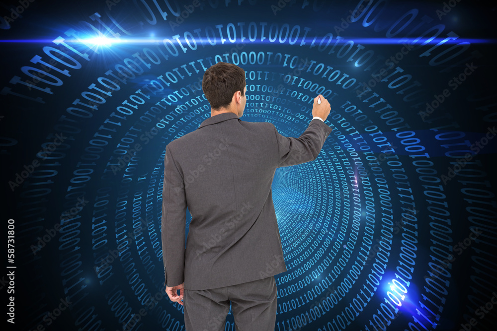 Poster composite image of businessman standing back to camera writing w