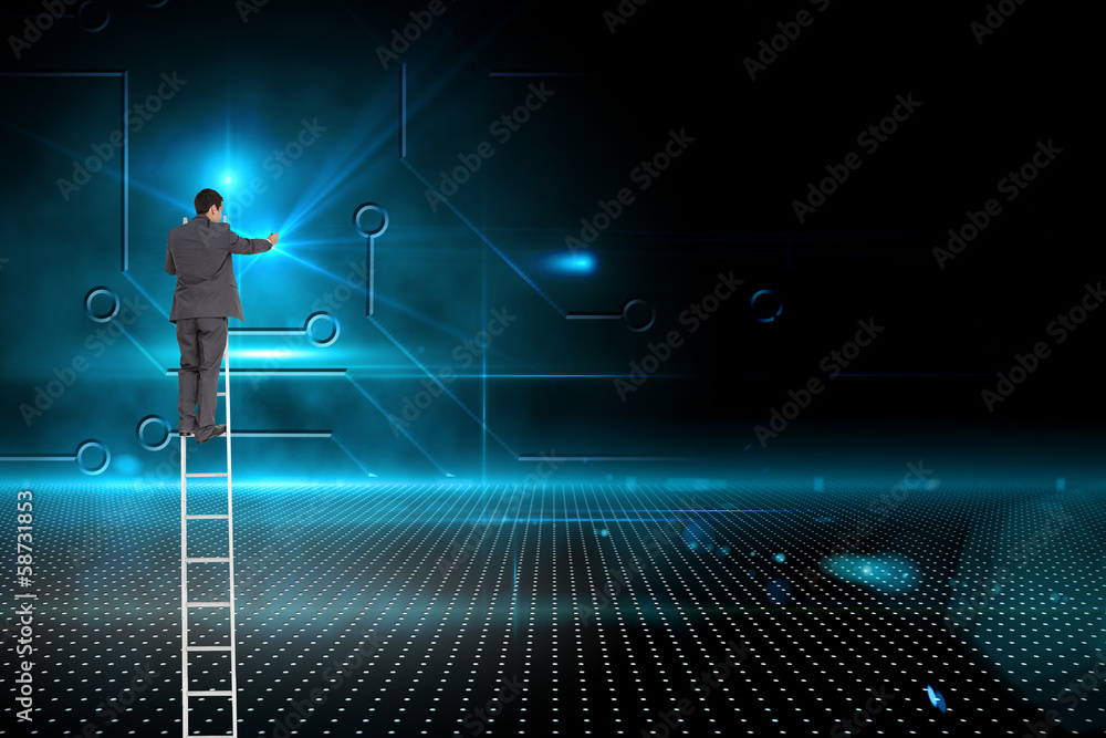 Poster composite image of businessman standing on ladder