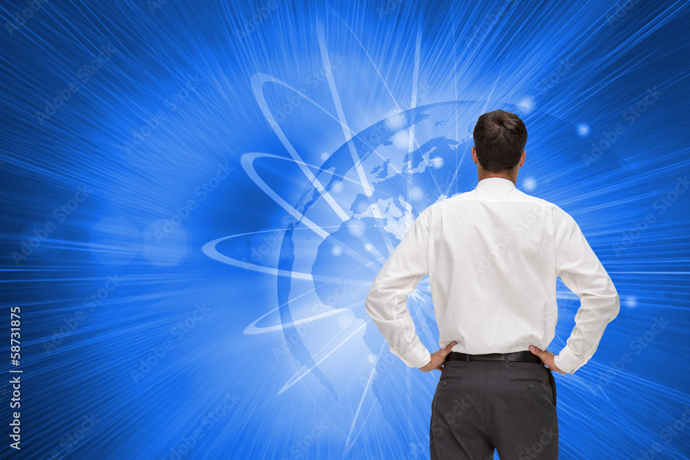 Poster composite image of rear view of classy young businessman posing
