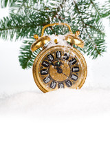 vintage christmas decoration - antique golden clock and fir-tree