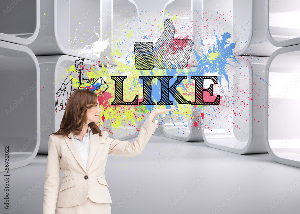 Poster composite image of businesswoman with empty hand open