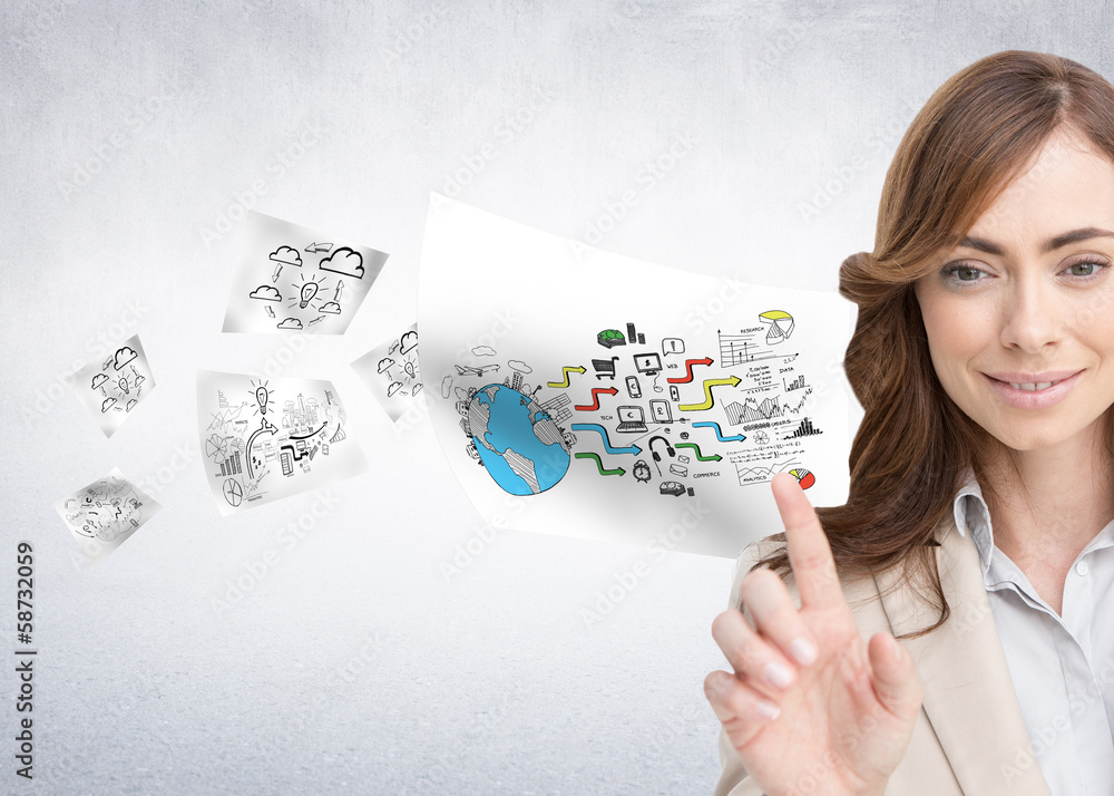 Poster composite image of classy businesswoman touching invisible scree