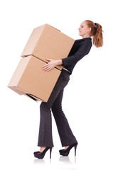 Woman businesswoman with boxes on white