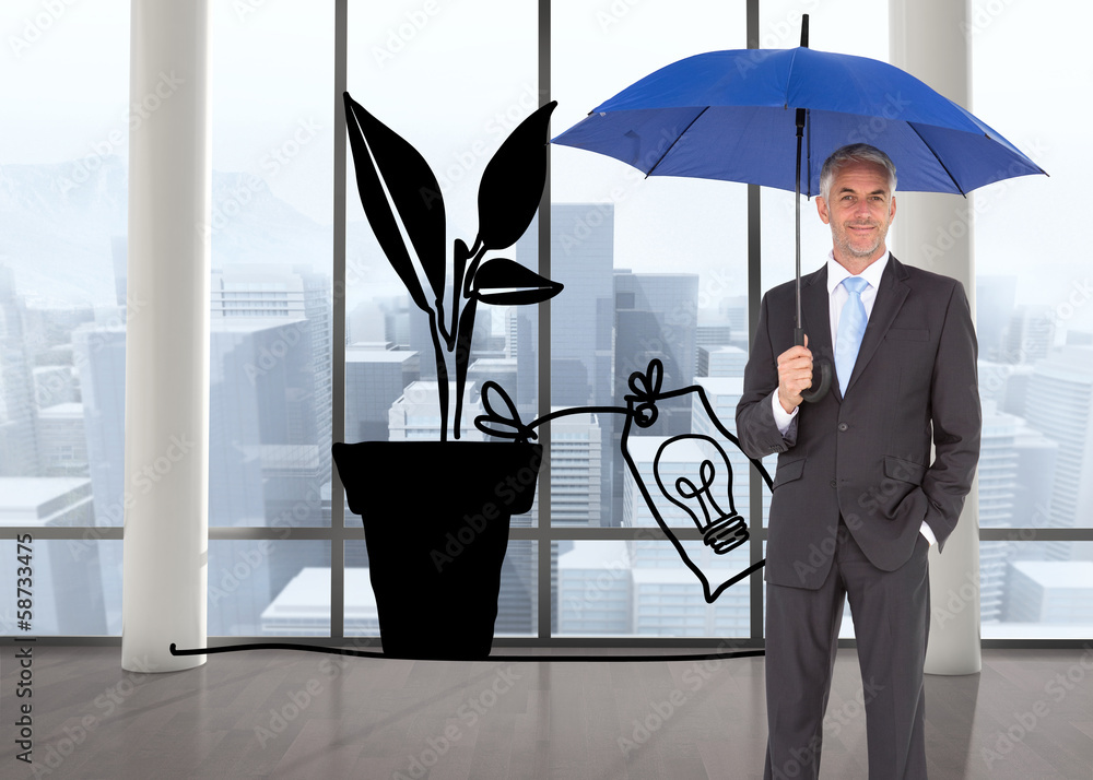 Poster composite image of businessman smiling at camera and holding blu
