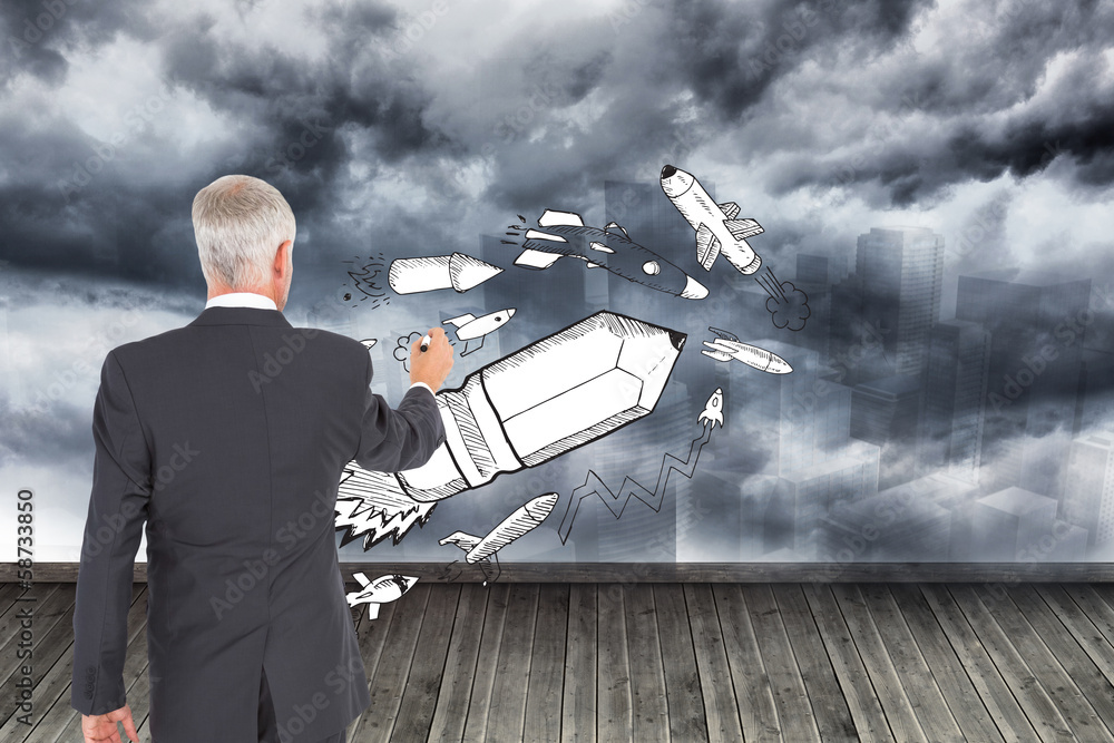 Poster composite image of rear view of businessman standing and writing