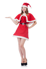 Young woman in red santa costume on white