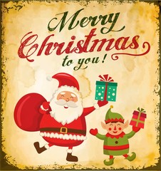 Fototapeta na wymiar Vintage Christmas card with cute Santa claus and Christmas elf