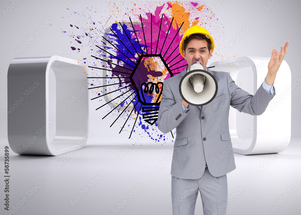 Poster Composite image of architect with hard hat shouting with a megap