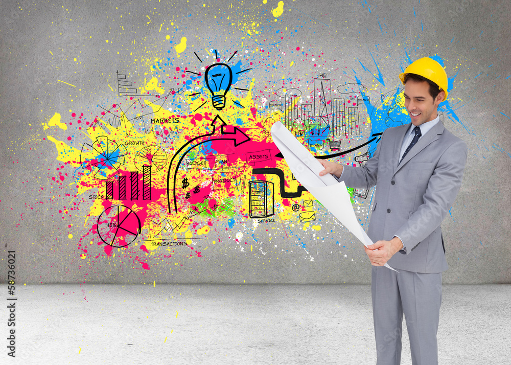 Poster Composite image of smiling architect with hard hat looking at pl