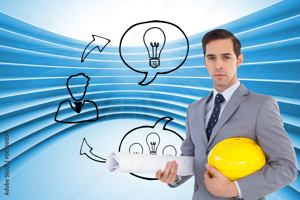 Poster composite image of serious architect holding plans and hard hat