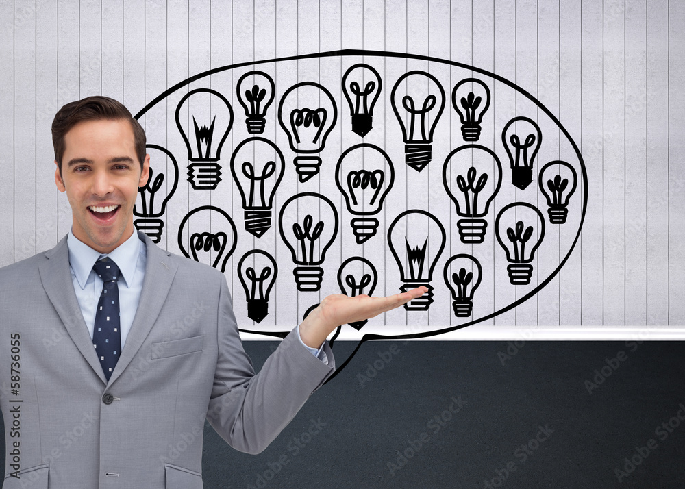 Poster Composite image of smiling businessman presenting something with