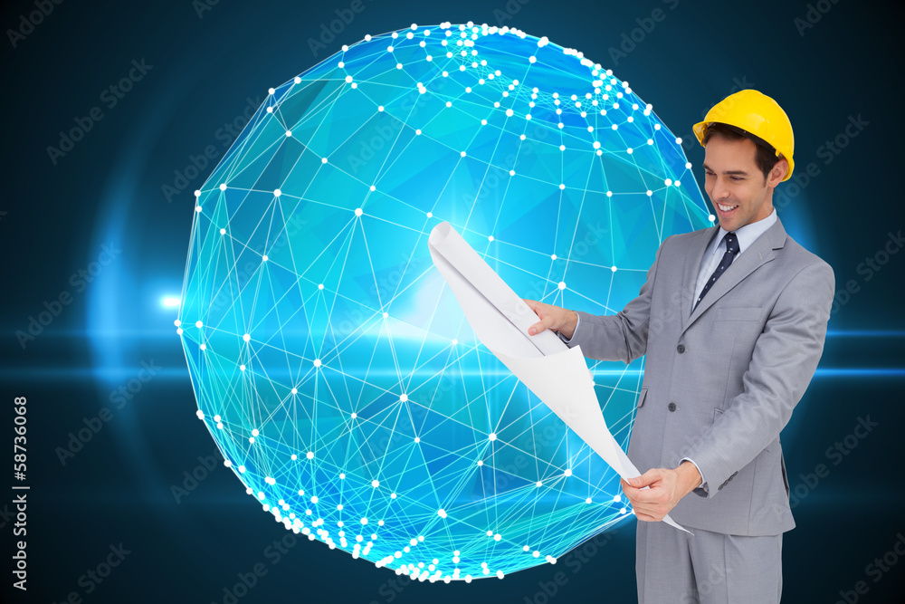 Poster Composite image of smiling architect with hard hat looking at pl