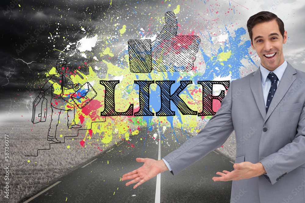 Poster composite image of happy businessman giving a presentation with