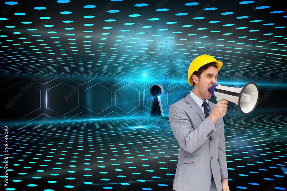 Poster composite image of young architect yelling with a megaphone