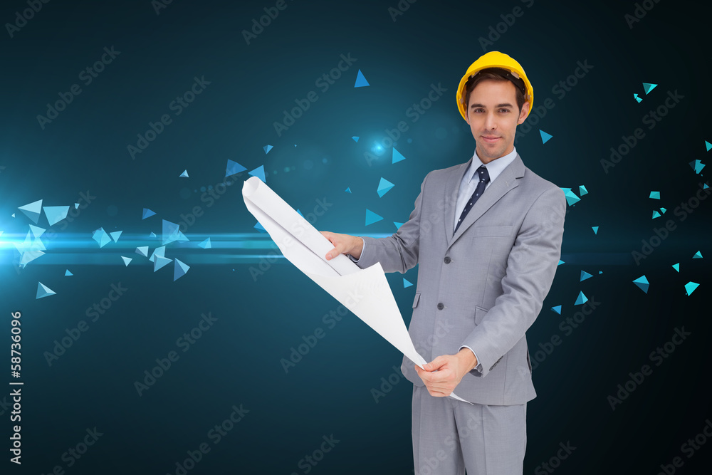 Poster composite image of serious architect with hard hat holding plans