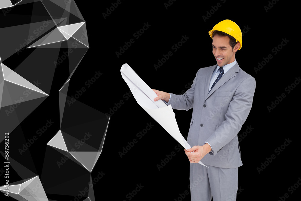 Poster Composite image of smiling architect with hard hat looking at pl