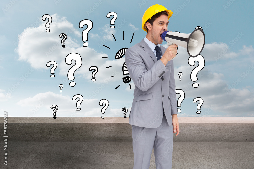 Poster composite image of young architect yelling with a megaphone