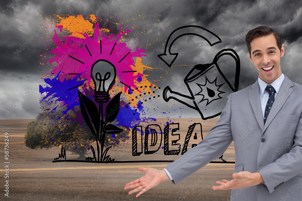 Poster composite image of happy businessman giving a presentation with