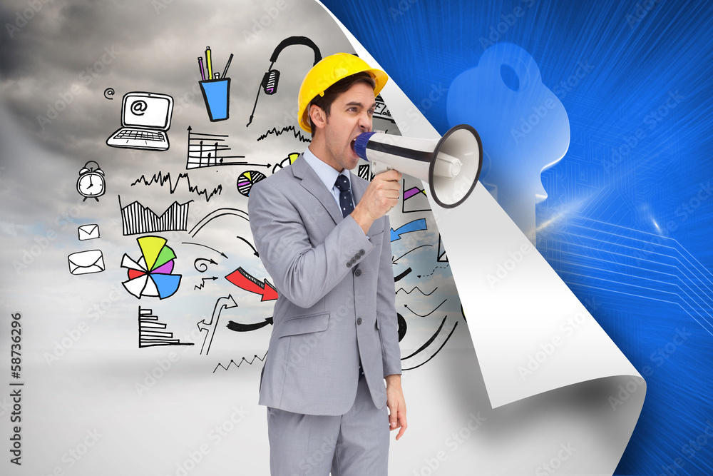 Poster composite image of young architect yelling with a megaphone