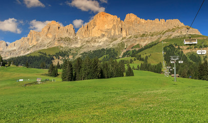 Panoramic view of Rosengarten mountain range in Dolomites,Italy