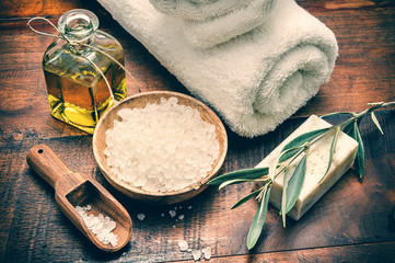 Spa setting with natural olive soap and sea salt