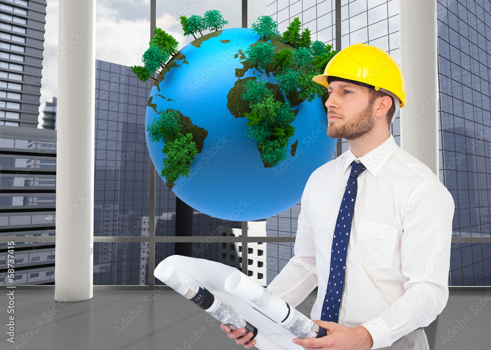 Poster composite image of thoughtful young architect posing