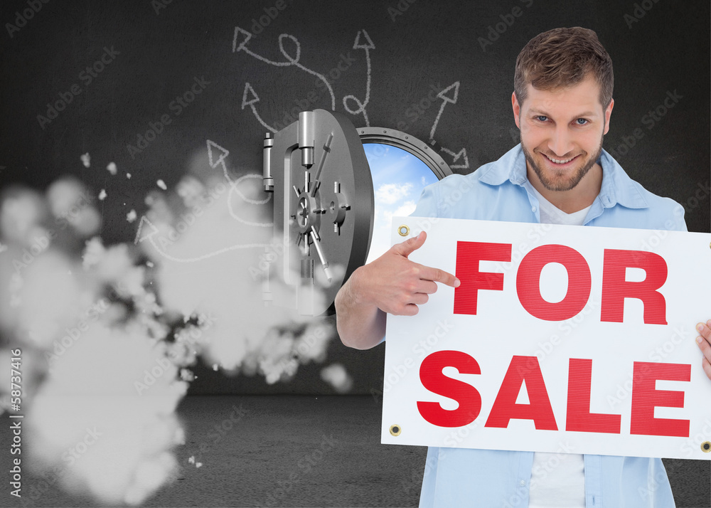 Poster composite image of smiling model holding a for sale sign