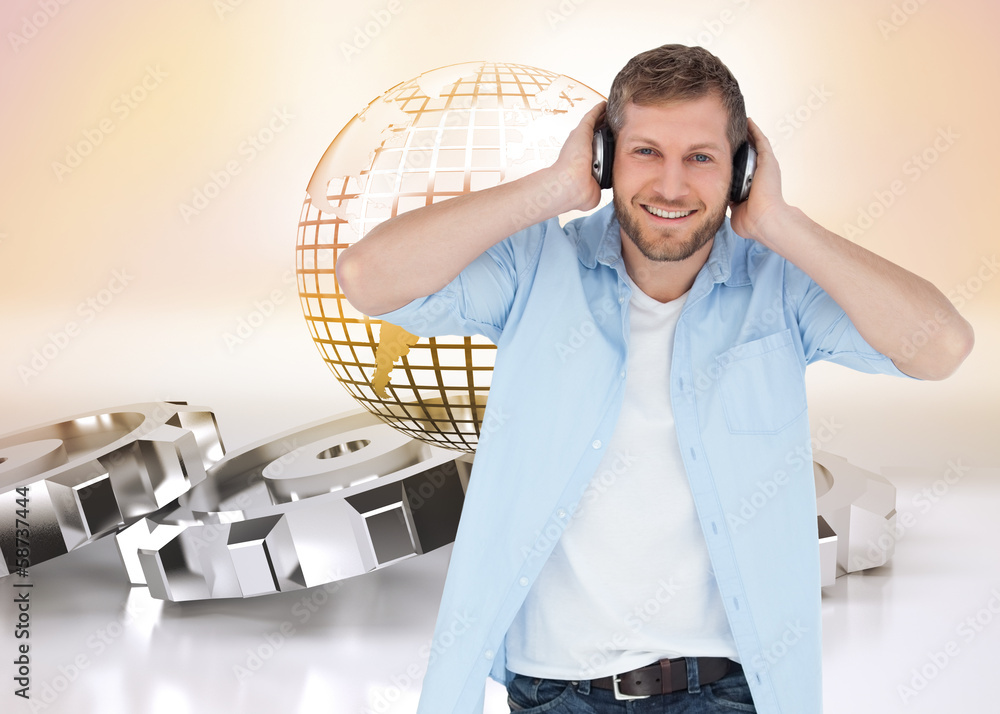 Poster composite image of trendy model listening to music and looking a