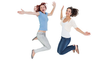 Fototapeta na wymiar Two cheerful young female friends jumping