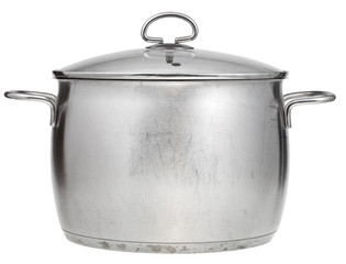 big stainless steel saucepan covered by glass lid